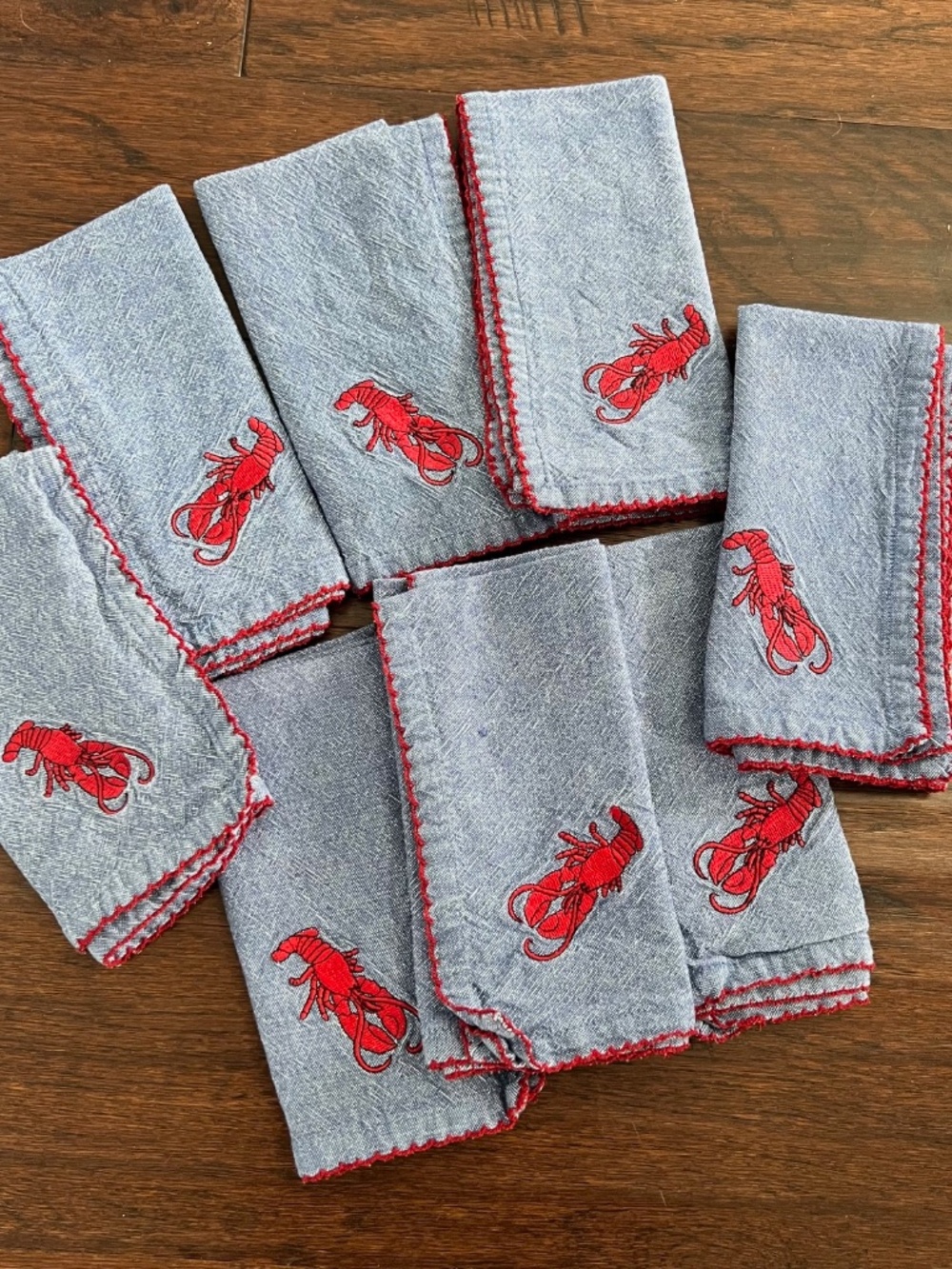 8 Denim Blue With Red LOBSTER Appliqued Napkins 16" Square